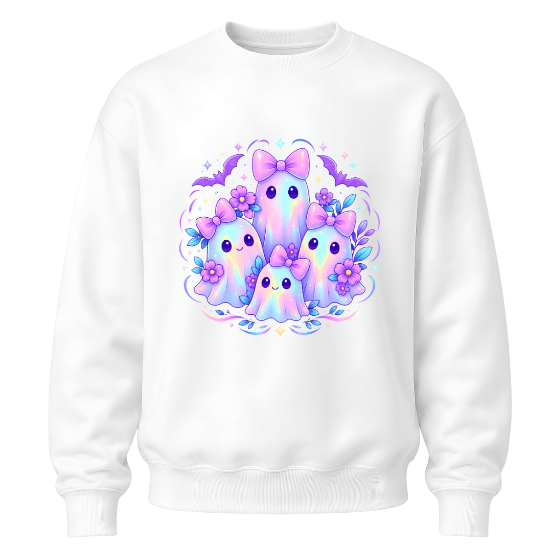 White girls pastel ghost Halloween crewneck with four cute kawaii ghosts, purple flowers, bows and magical sparkles