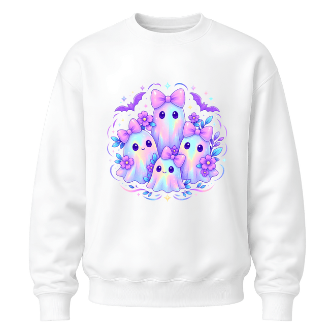 White girls pastel ghost Halloween crewneck with four cute kawaii ghosts, purple flowers, bows and magical sparkles