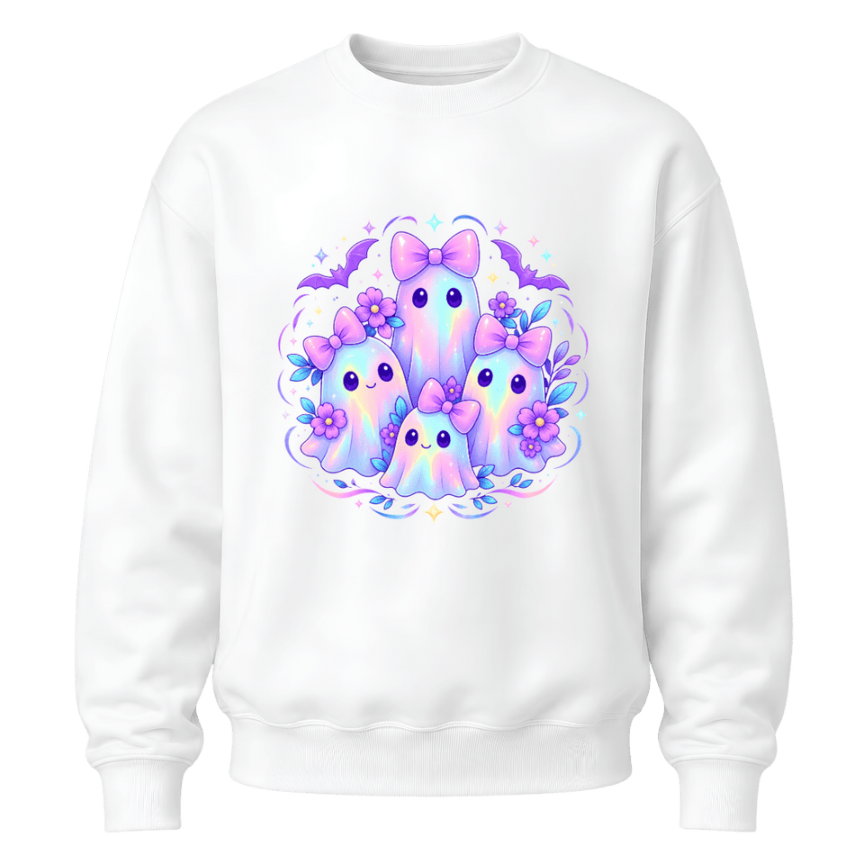 White girls pastel ghost Halloween crewneck with four cute kawaii ghosts, purple flowers, bows and magical sparkles