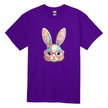 purple kids t-shirt with cute patchwork bunny face graphic design