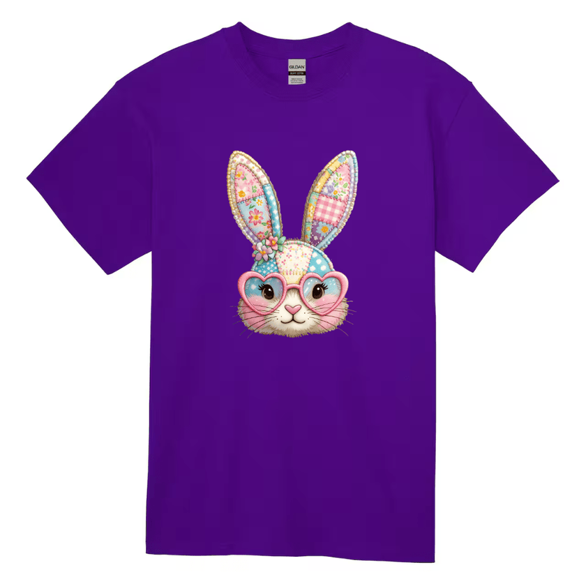 purple kids t-shirt with cute patchwork bunny face graphic design