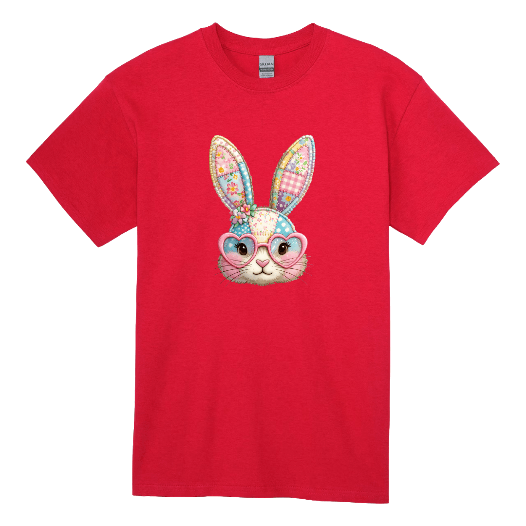 red kids bunny graphic shirt with colorful patchwork bunny design