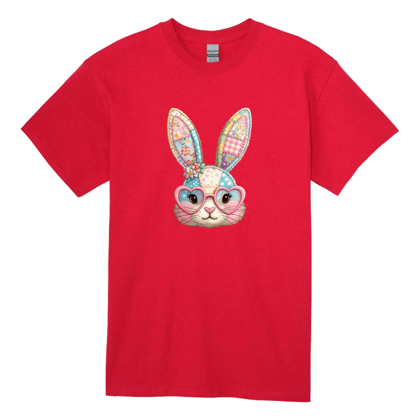 red kids bunny graphic shirt with colorful patchwork bunny design