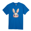 royal blue kids shirt with patchwork bunny graphic illustration