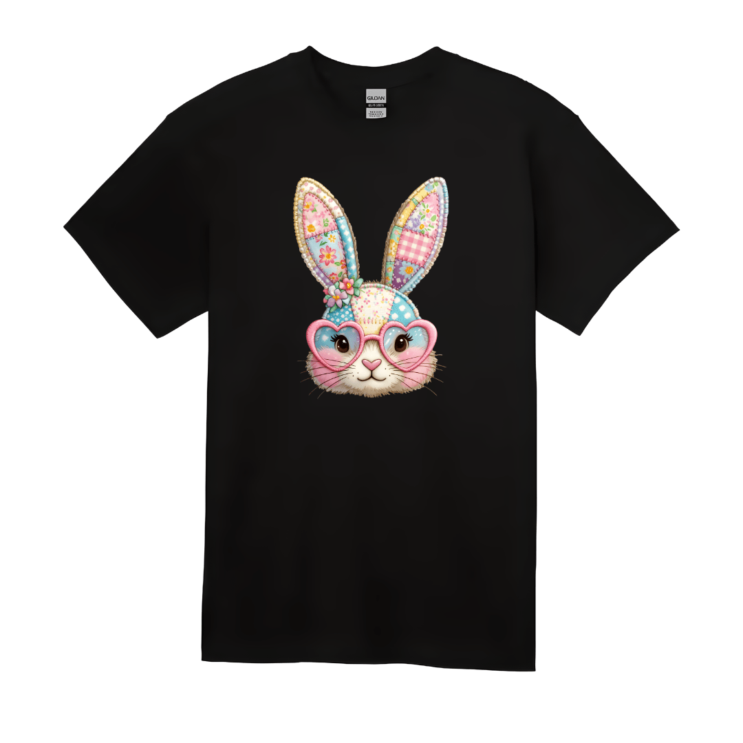 black kids shirt with colorful patchwork bunny design