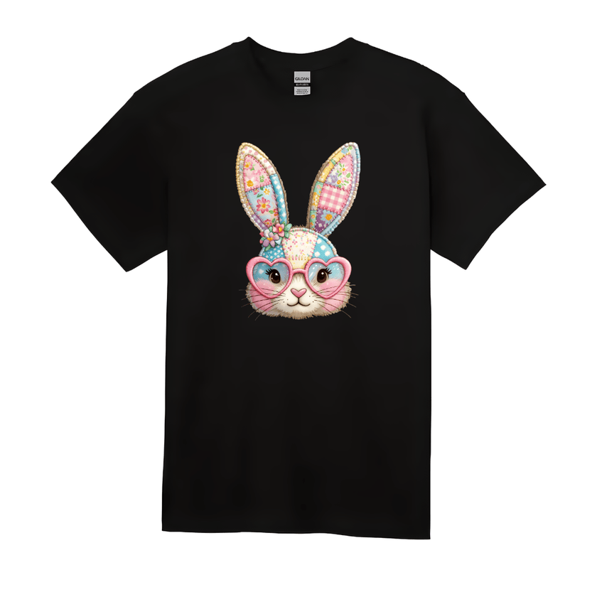 black kids shirt with colorful patchwork bunny design