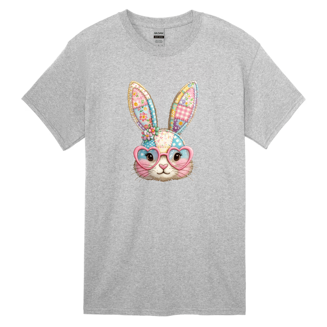 grey kids bunny graphic shirt with pastel patchwork bunny illustration