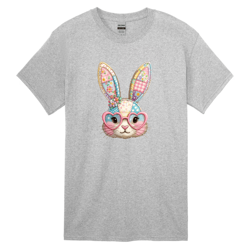 grey kids bunny graphic shirt with pastel patchwork bunny illustration