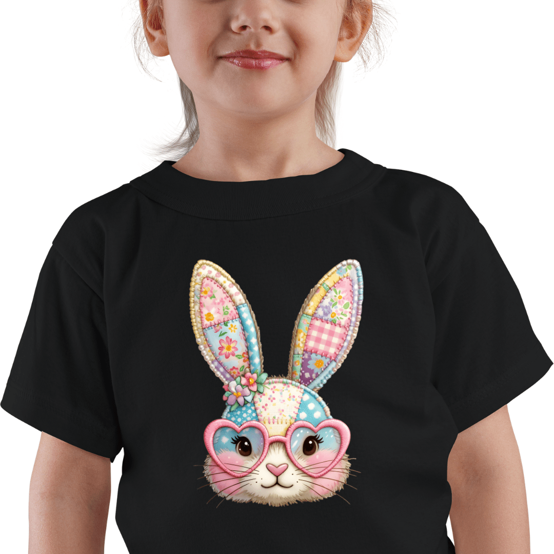 close up detail of patchwork bunny graphic on kids t-shirt