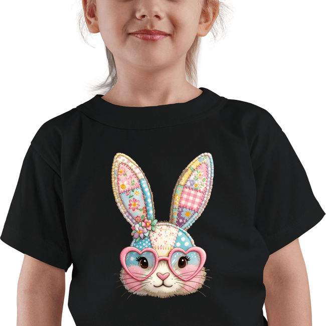 close up detail of patchwork bunny graphic on kids t-shirt