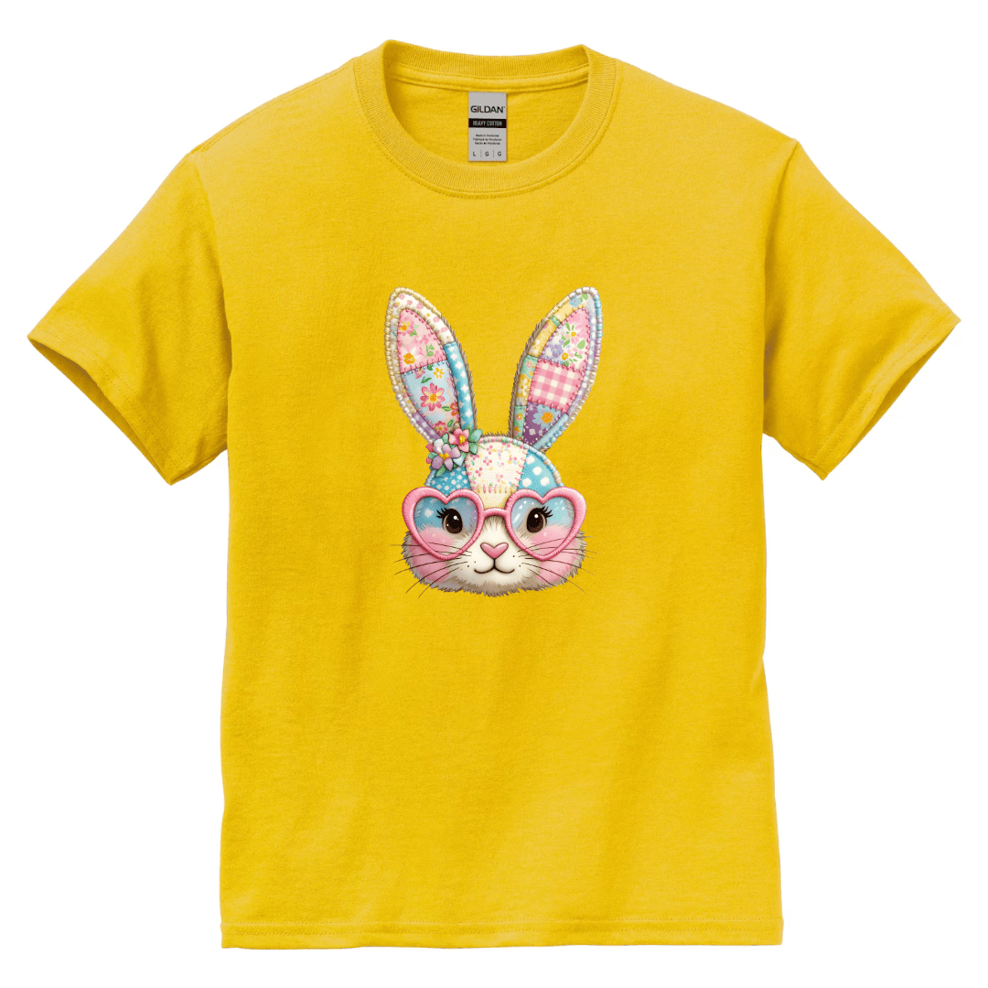 yellow kids bunny graphic t-shirt with colorful patchwork bunny illustration