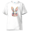 white kids t-shirt featuring cute patchwork bunny design with heart glasses