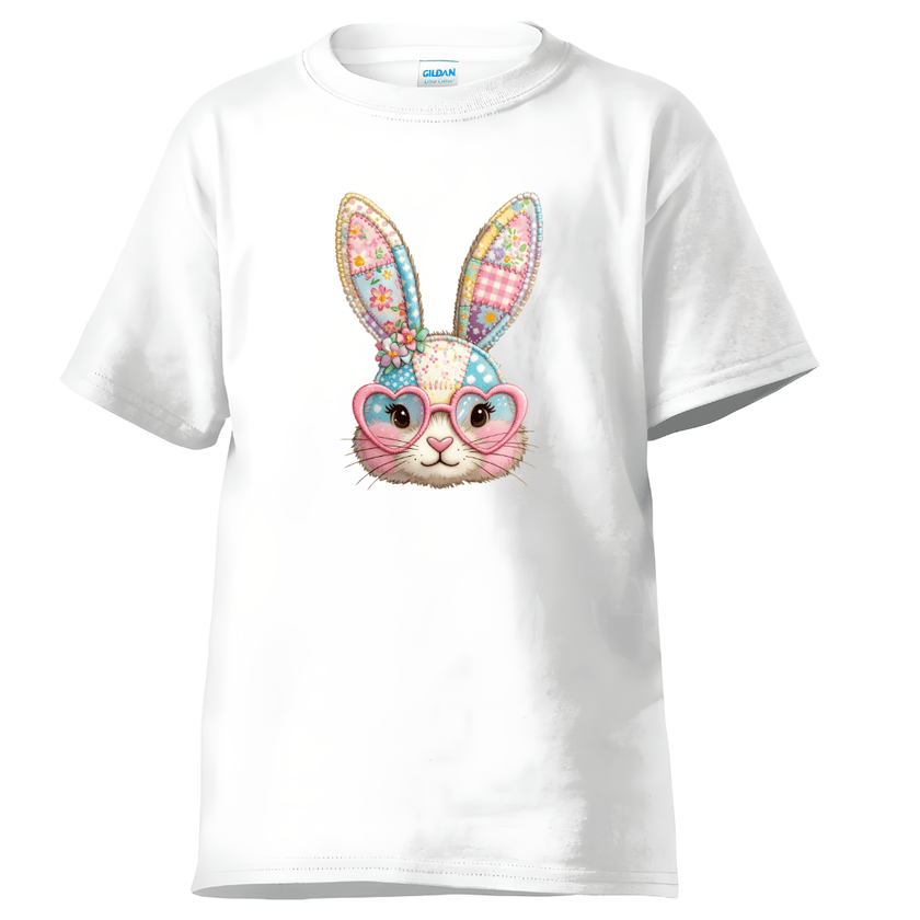 white kids t-shirt featuring cute patchwork bunny design with heart glasses