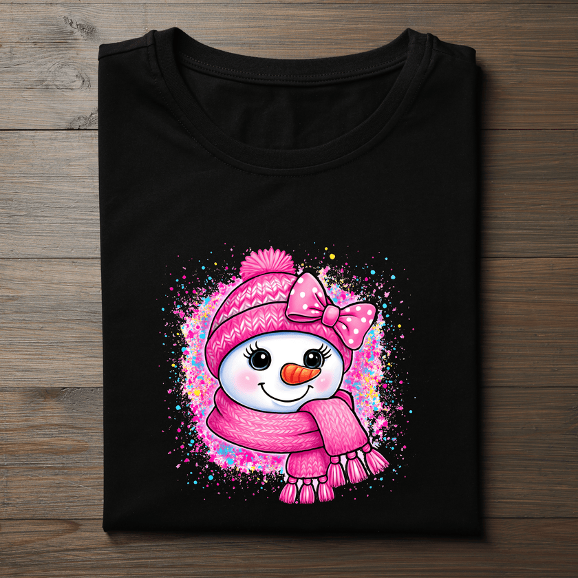 Festive Christmas t-shirt with cute snowman character wearing a pink hat and scarf.