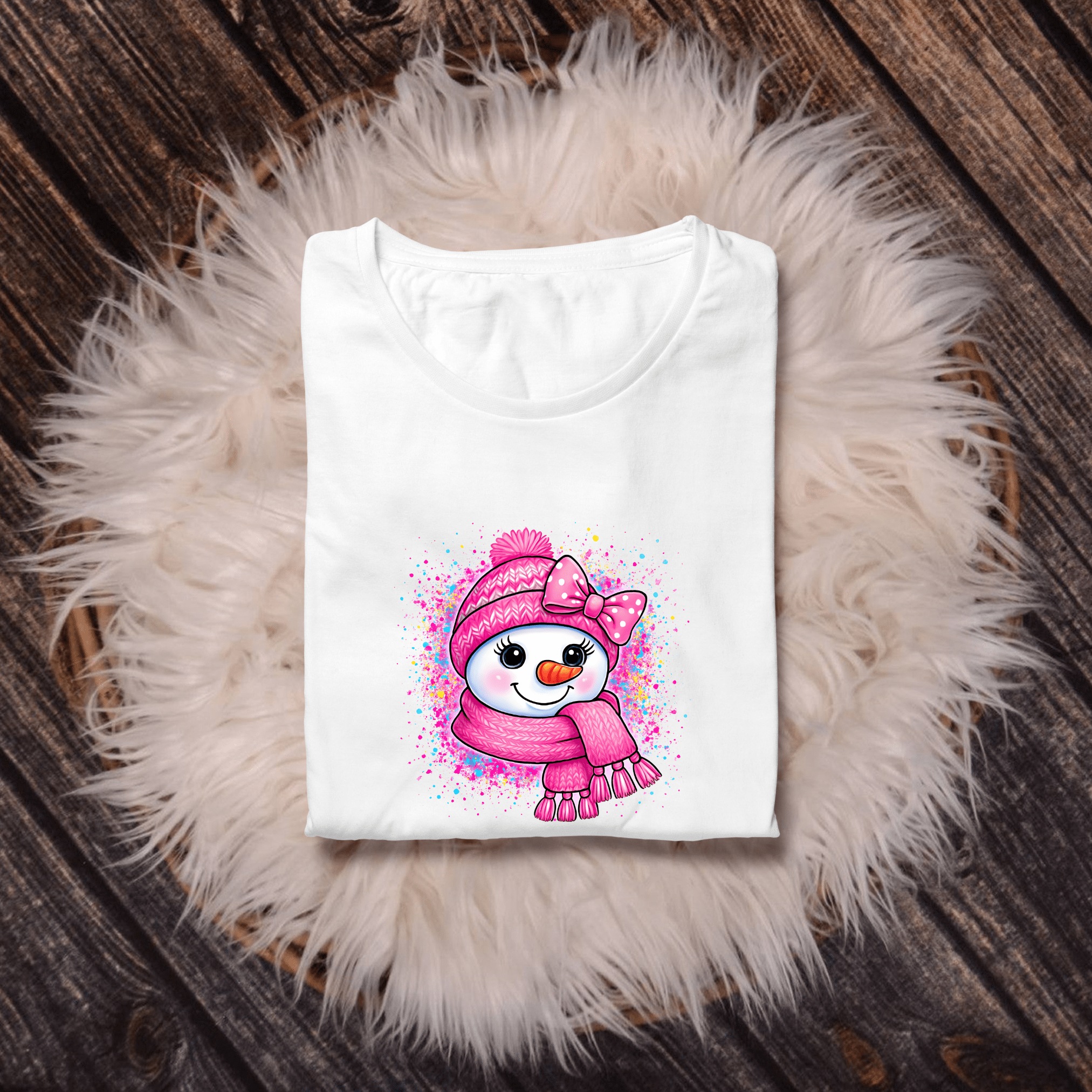 Kawaii-style snowman tee in bright pink colors with playful winter artwork.