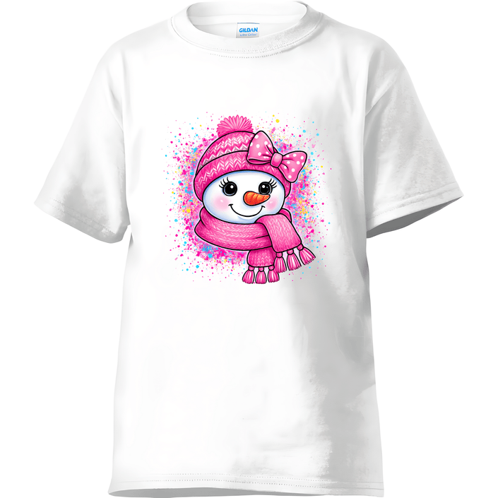 White girls t-shirt showing a smiling pink snowman with a knitted hat, bow, scarf, and rainbow splatter art