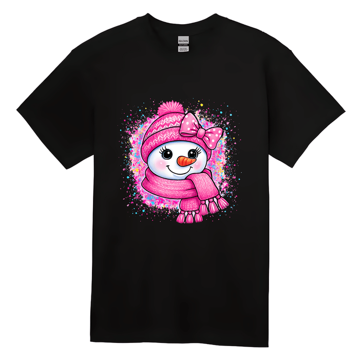 Black kids t-shirt with a cute pink snowman wearing a hat, bow, and scarf with colorful splatter background.