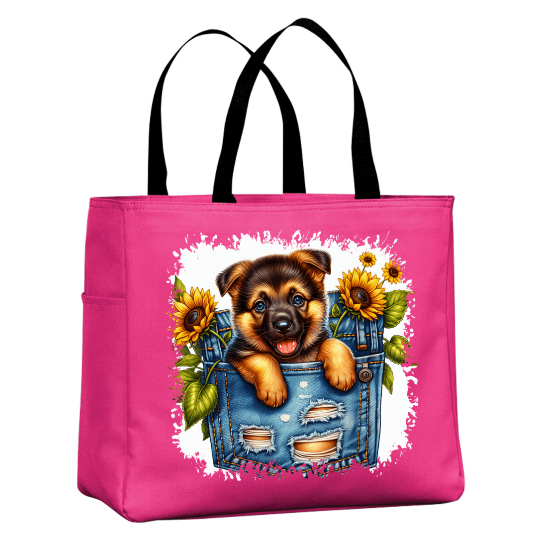 Pink canvas tote bag with cute puppy and sunflower design reusable shopping bag