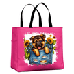 Pink canvas tote bag with cute puppy and sunflower design reusable shopping bag