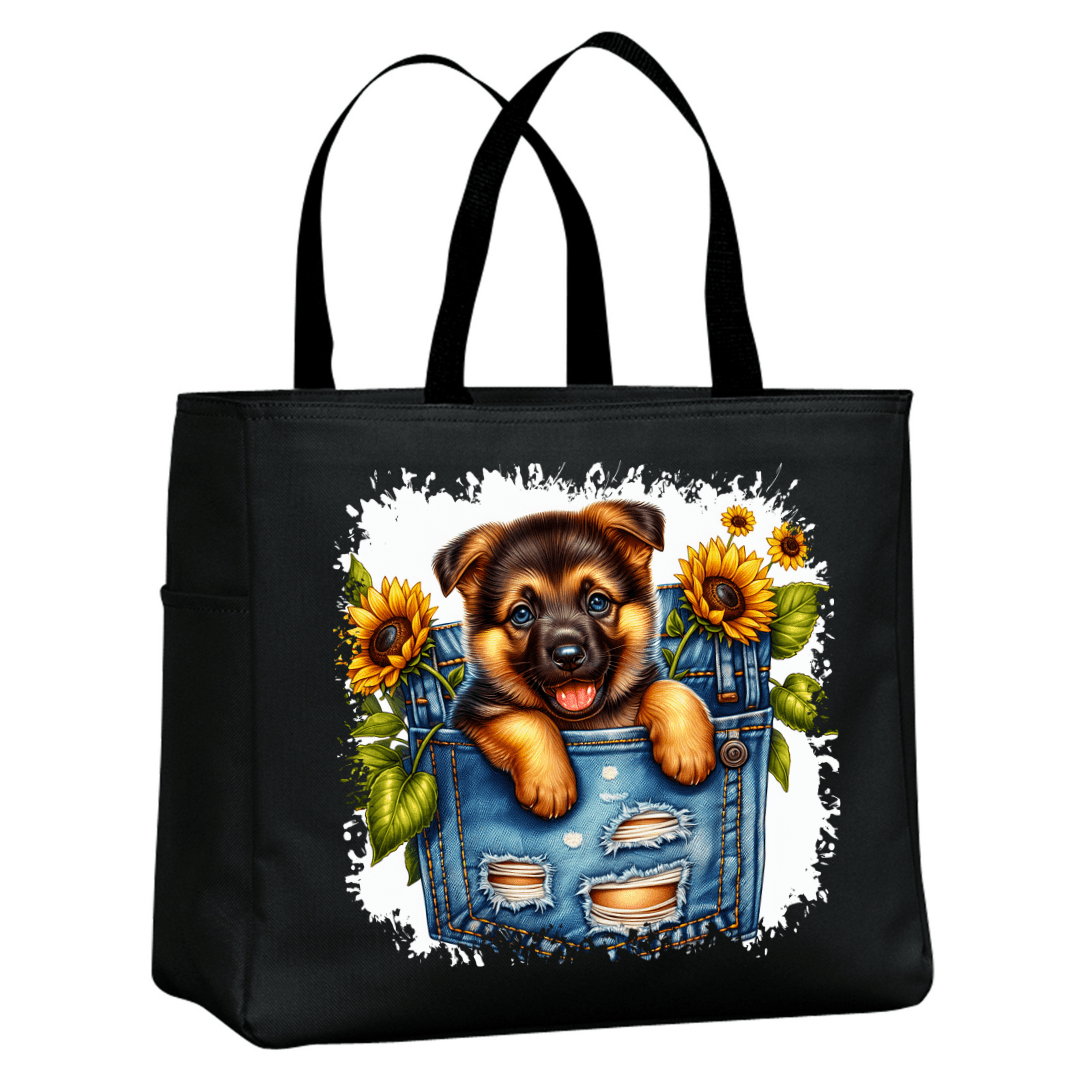 Cute Puppy Sunflower Tote Bag | Stylish Durable Canvas Shopping Bag Gift for Dog Lovers