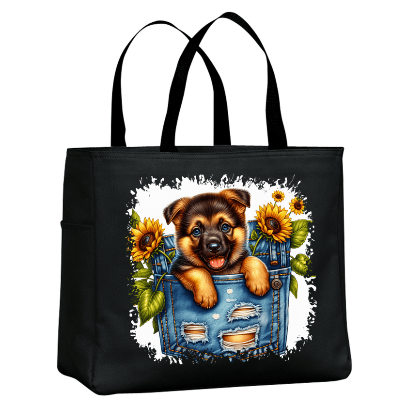 Cute Puppy Sunflower Tote Bag | Stylish Durable Canvas Shopping Bag Gift for Dog Lovers