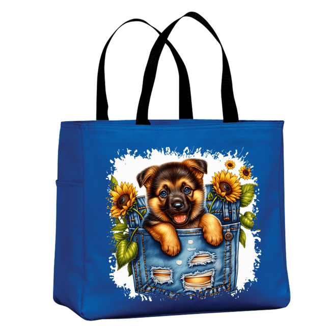 Blue tote bag featuring adorable puppy in denim pocket with sunflowers