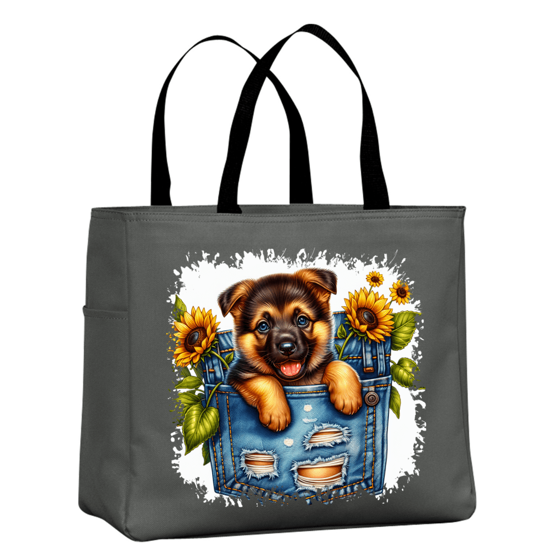 Dark grey tote bag with puppy sunflower design durable reusable bag