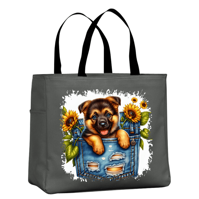 Dark grey tote bag with puppy sunflower design durable reusable bag