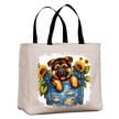 Beige tote bag with adorable puppy and sunflower aesthetic print