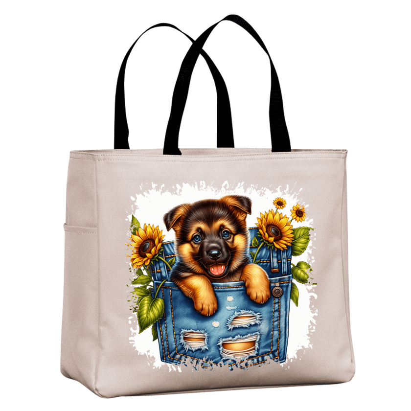 Beige tote bag with adorable puppy and sunflower aesthetic print