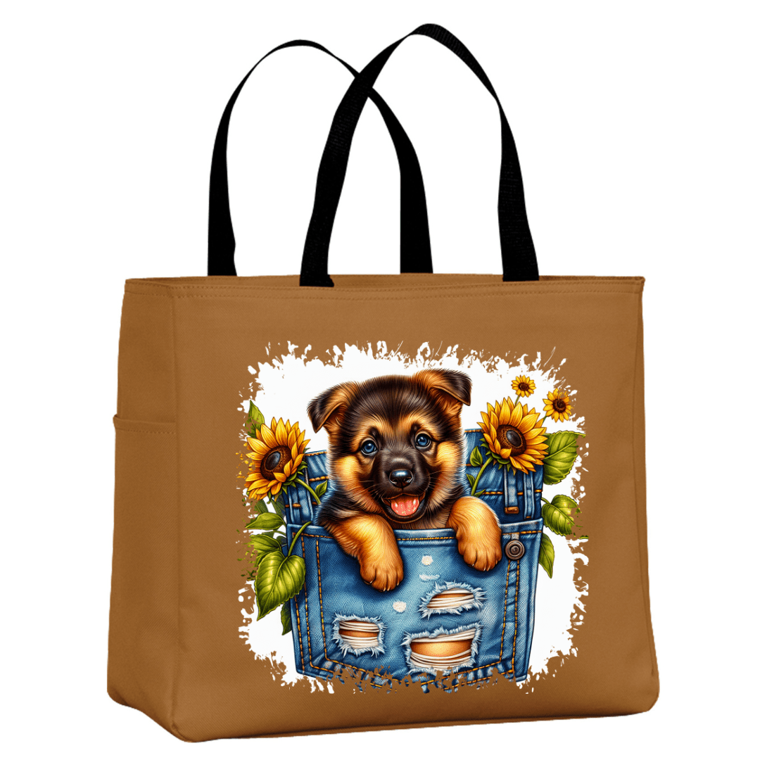 Brown tote bag with puppy in denim pocket sunflower design stylish shopping bag