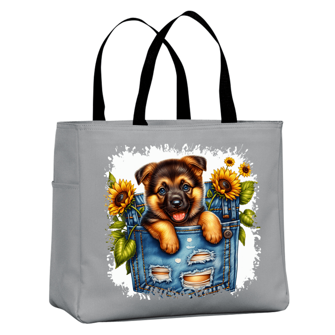 Grey canvas tote bag with cute puppy and floral sunflower artwork