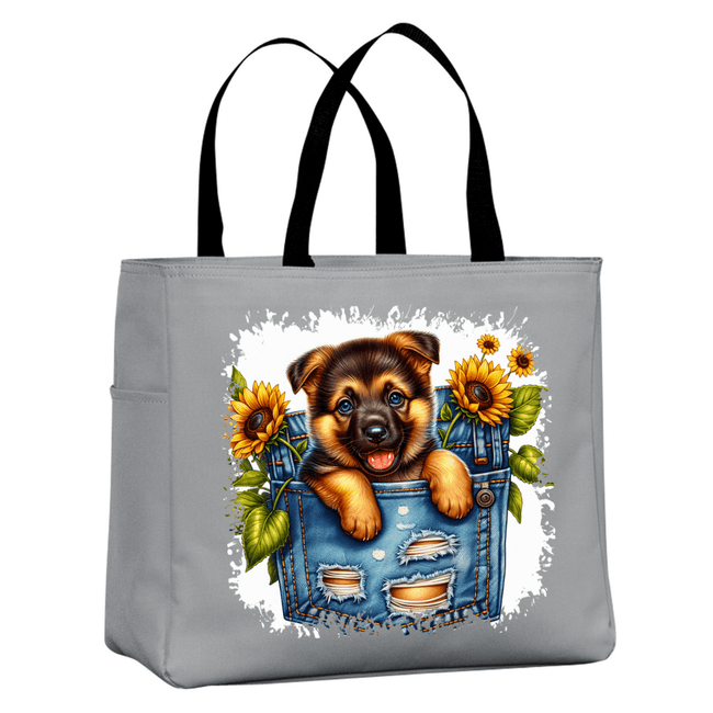 Grey canvas tote bag with cute puppy and floral sunflower artwork
