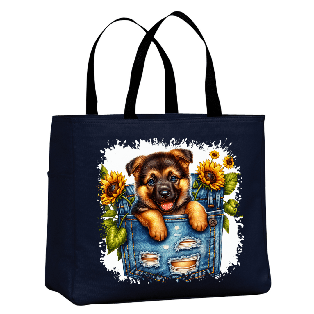Navy reusable tote bag with puppy sunflower graphic for dog lovers