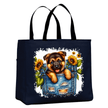 Navy reusable tote bag with puppy sunflower graphic for dog lovers
