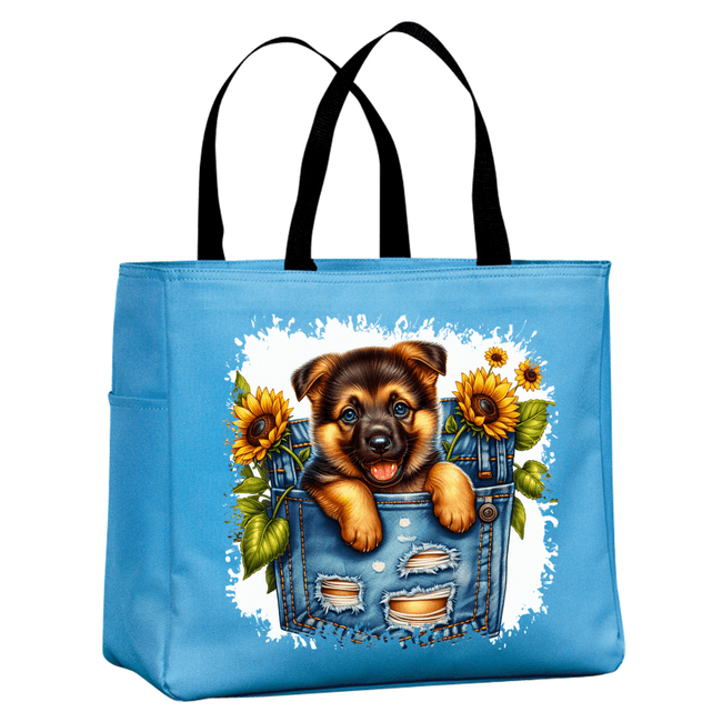 Light blue canvas tote with cute puppy sunflower design reusable bag