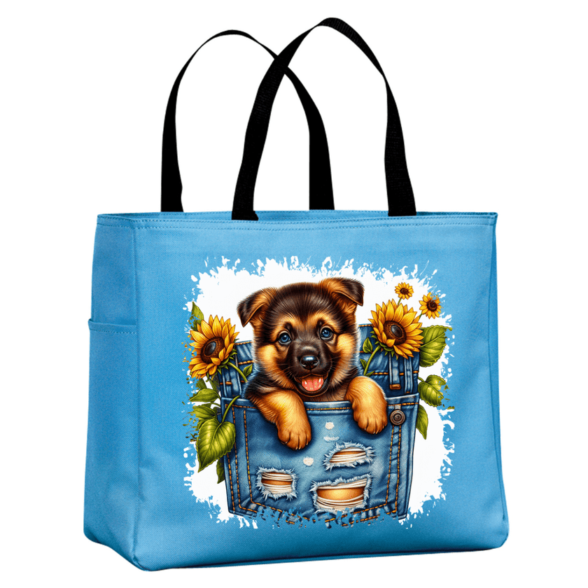 Light blue canvas tote with cute puppy sunflower design reusable bag