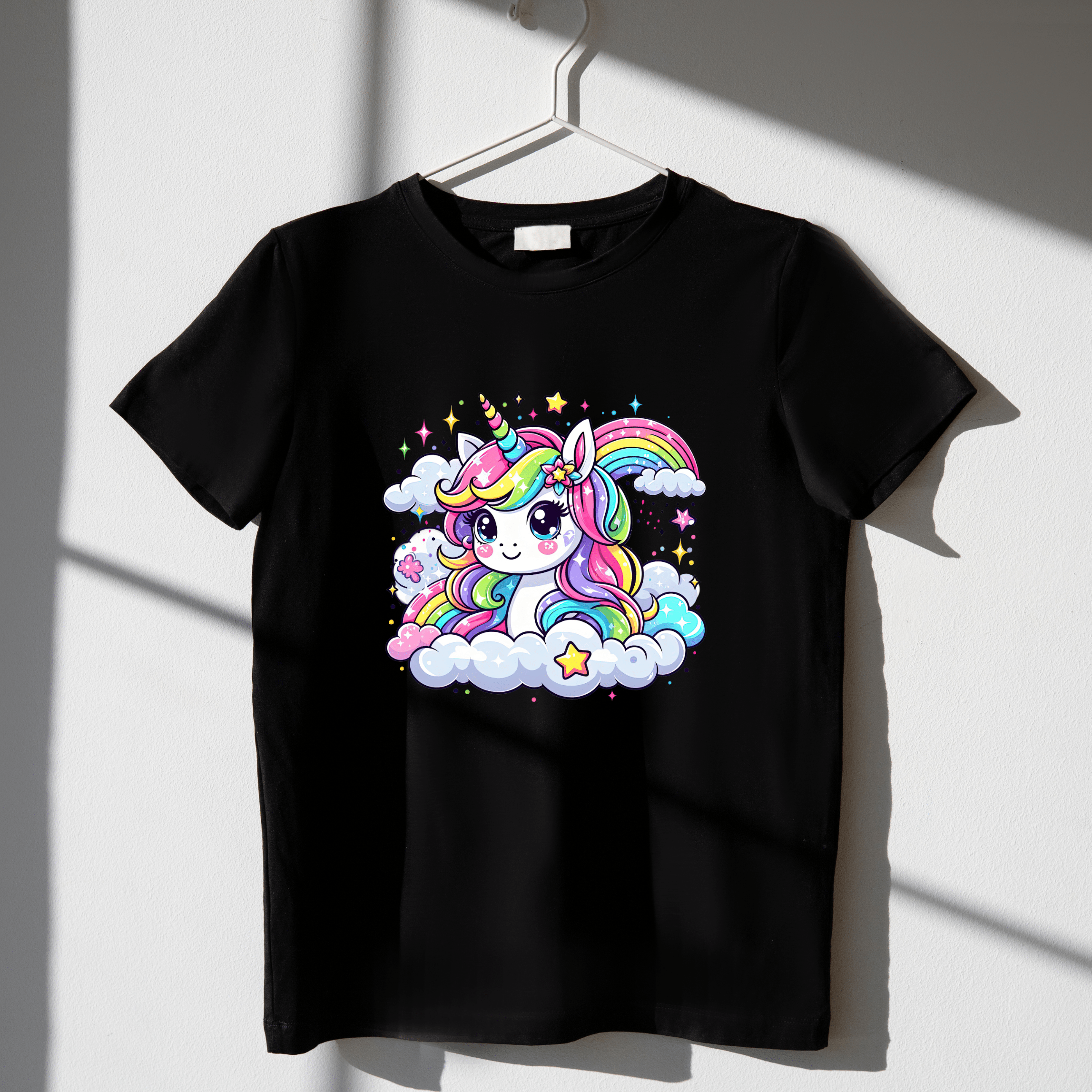 Black kids’ T-shirt with vibrant rainbow unicorn illustration, high-contrast design ideal for girls’ outfits.