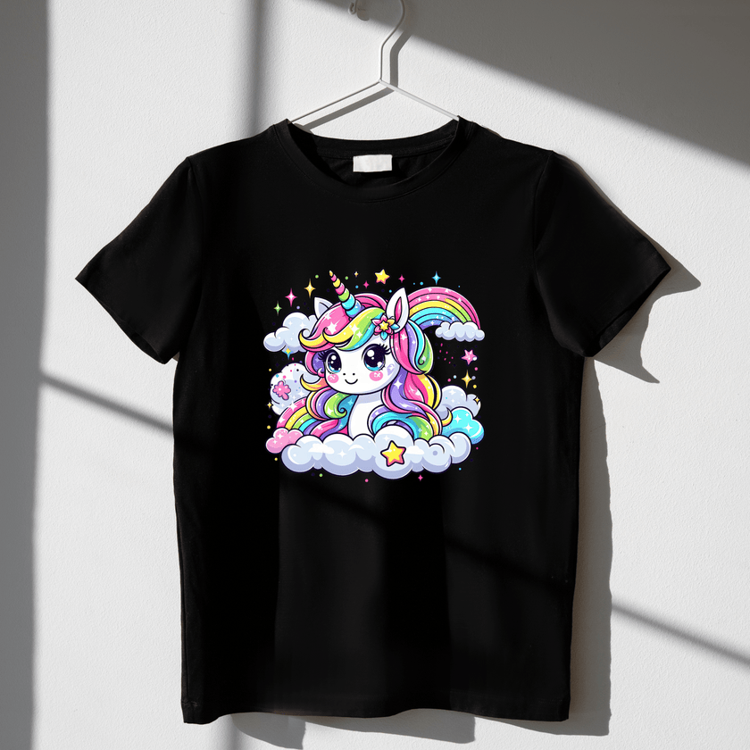 Black kids’ T-shirt with vibrant rainbow unicorn illustration, high-contrast design ideal for girls’ outfits.