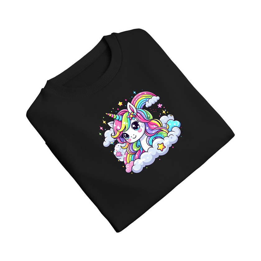 Bright pastel unicorn graphic printed on a black children's T-shirt, perfect for unicorn-loving girls.