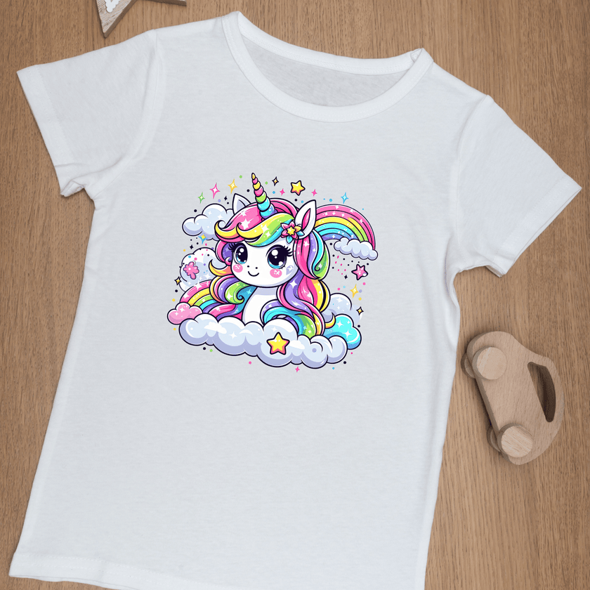 Cute girls’ unicorn T-shirt featuring a pastel rainbow unicorn sitting on clouds, displayed on a wooden background.