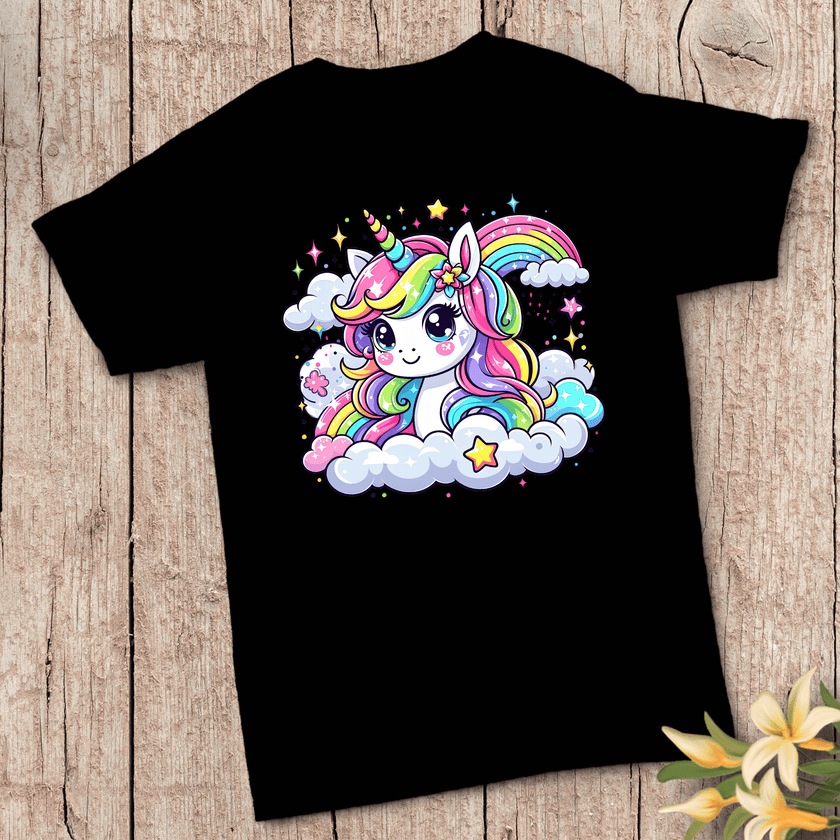 Cute black unicorn tee for girls featuring colorful kawaii rainbow unicorn artwork on a rustic wood backdrop.