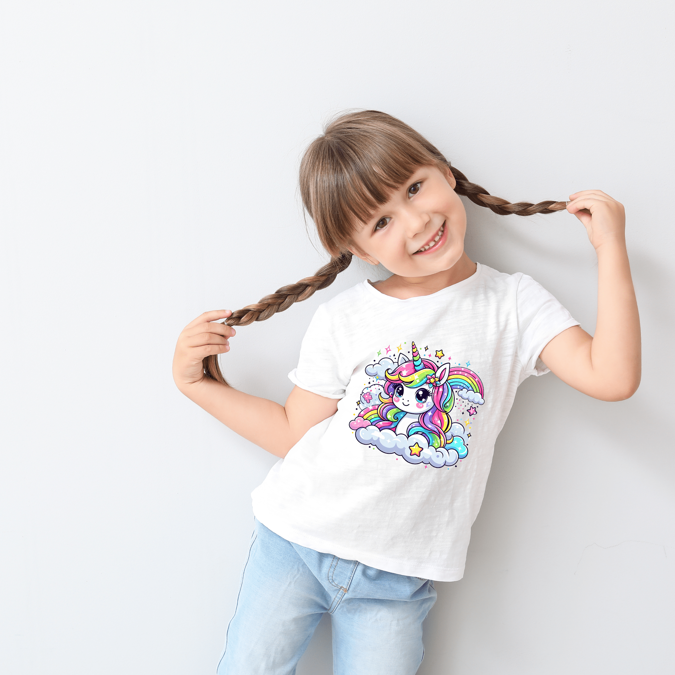 Adorable children’s white tee with bright rainbow unicorn artwork, perfect for toddler and youth girls.
