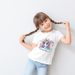 Adorable children’s white tee with bright rainbow unicorn artwork, perfect for toddler and youth girls.