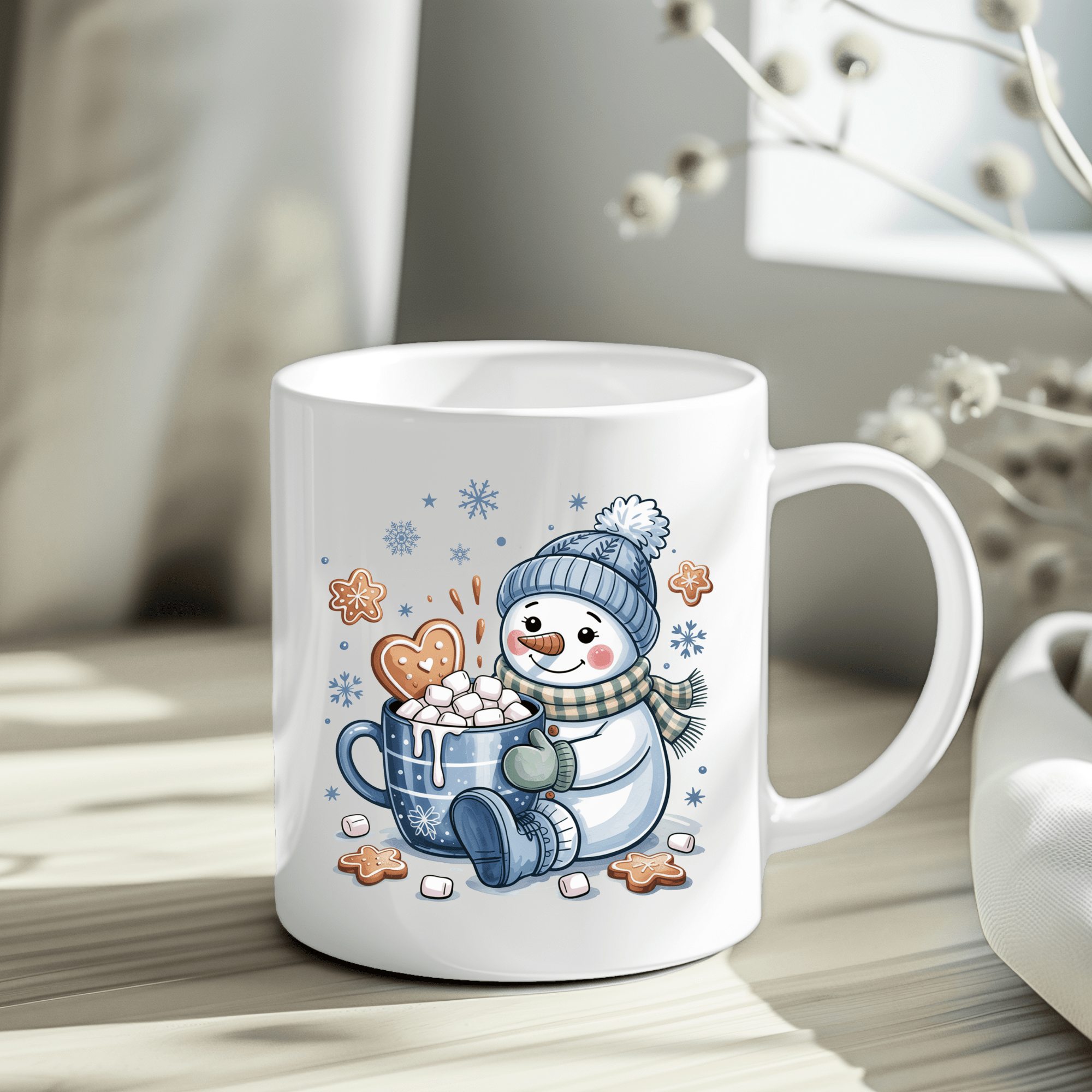 Winter snowman Christmas mug featuring cozy holiday artwork and gingerbread cookies.