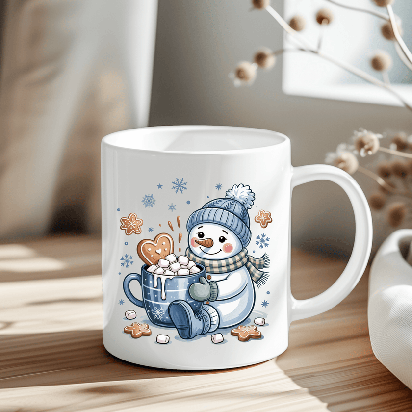 Festive snowman hot chocolate mug with blue hat, scarf, and marshmallows.