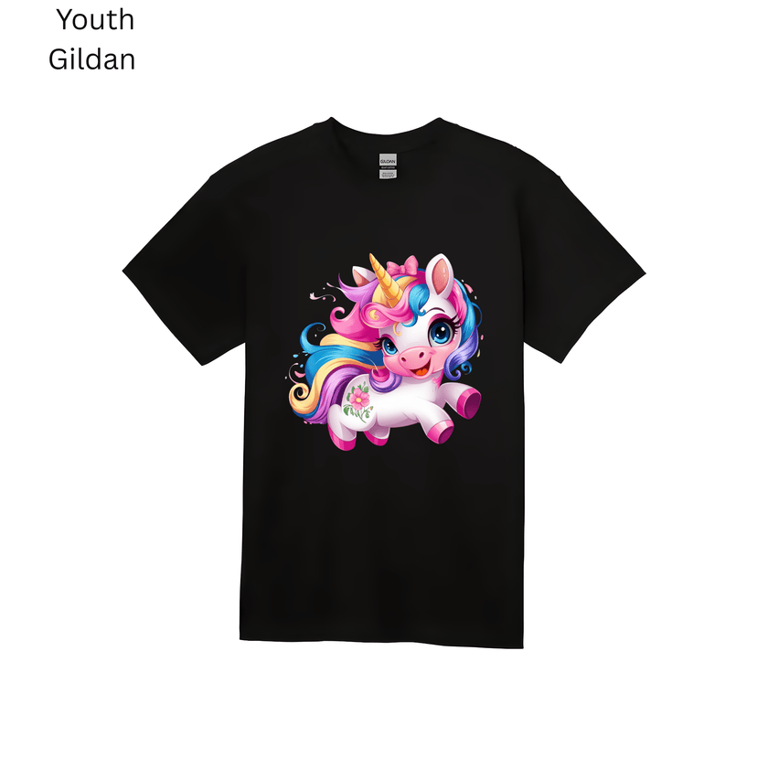 Cute rainbow unicorn graphic on black kids t-shirt with colorful cartoon design.