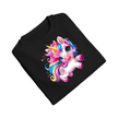 White kids shirt featuring adorable bright pink and rainbow unicorn artwork.