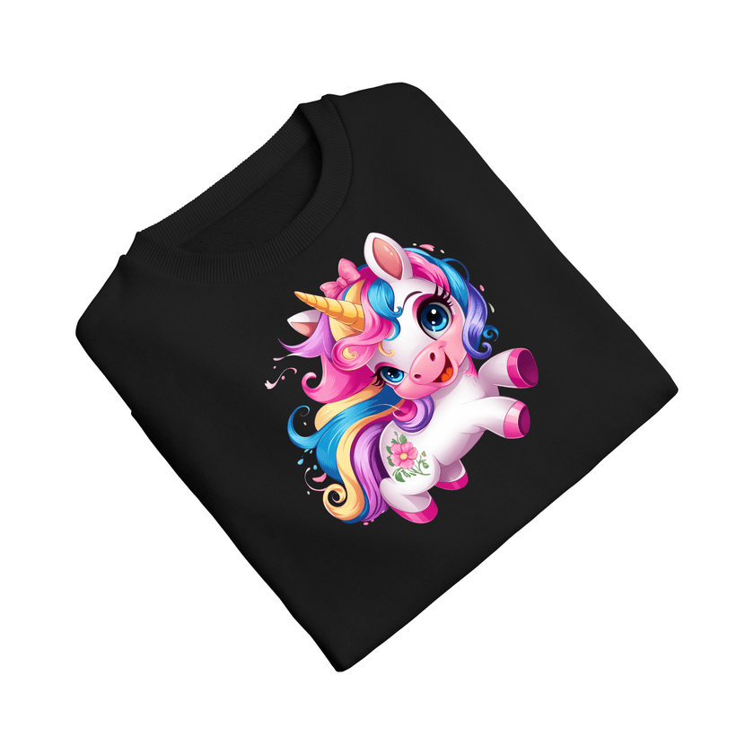 White kids shirt featuring adorable bright pink and rainbow unicorn artwork.