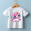 Kids unicorn tee with vibrant rainbow mane and magical cartoon unicorn.